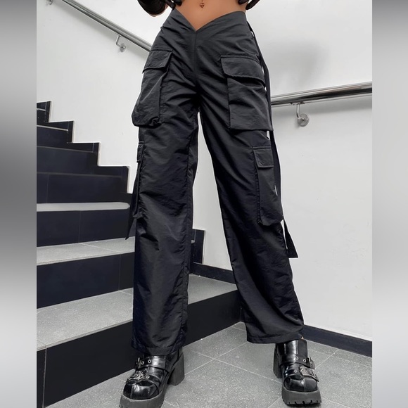 Women's High Waist Flap Pocket Cargo Pants Y2K Streetwear Baggy Trousers Large - Picture 4 of 5
